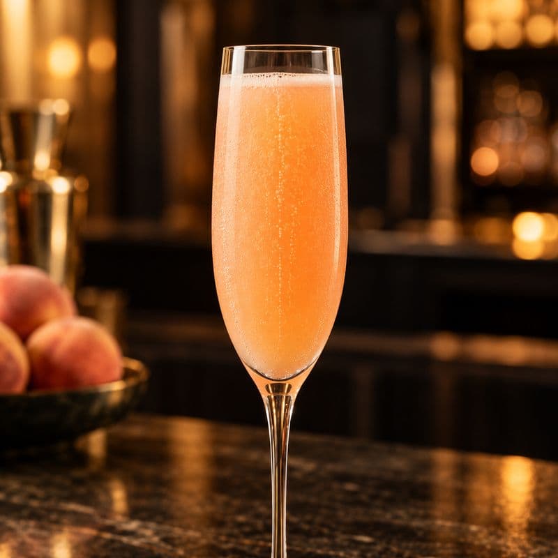 Pale peach Bellini with fine bubbles in a Champagne flute.