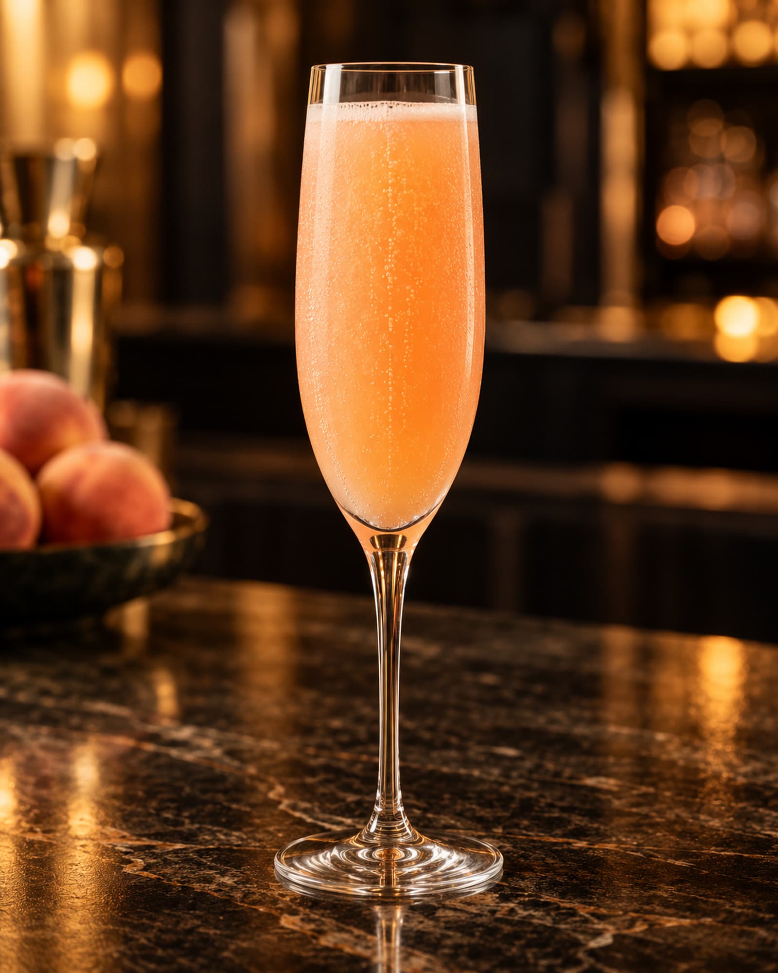 Pale peach Bellini with fine bubbles in a Champagne flute.