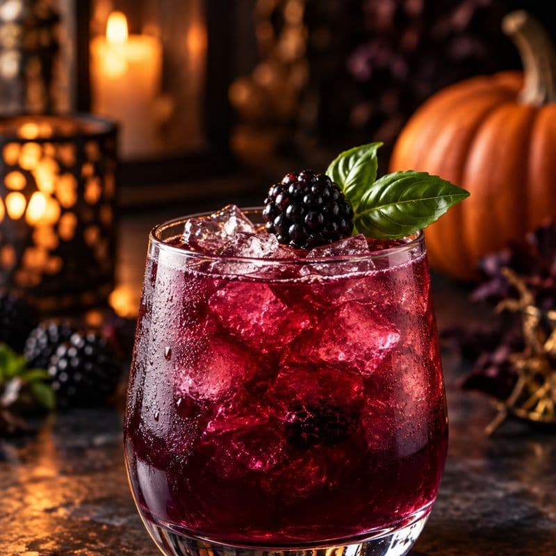 Dark ruby-purple Black Widow cocktail with a blackberry and basil garnish over ice.