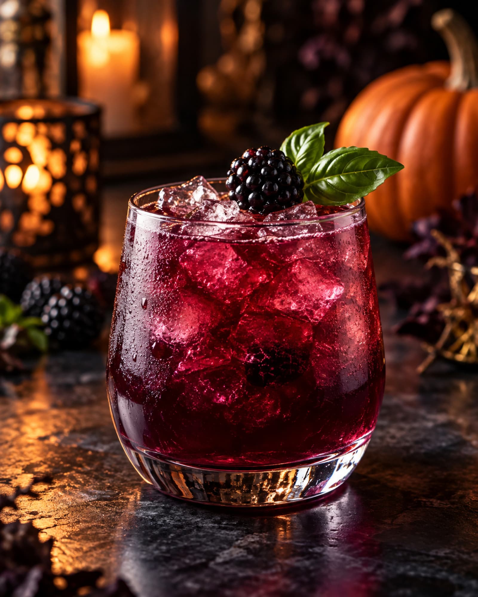 Dark ruby-purple Black Widow cocktail with a blackberry and basil garnish over ice.