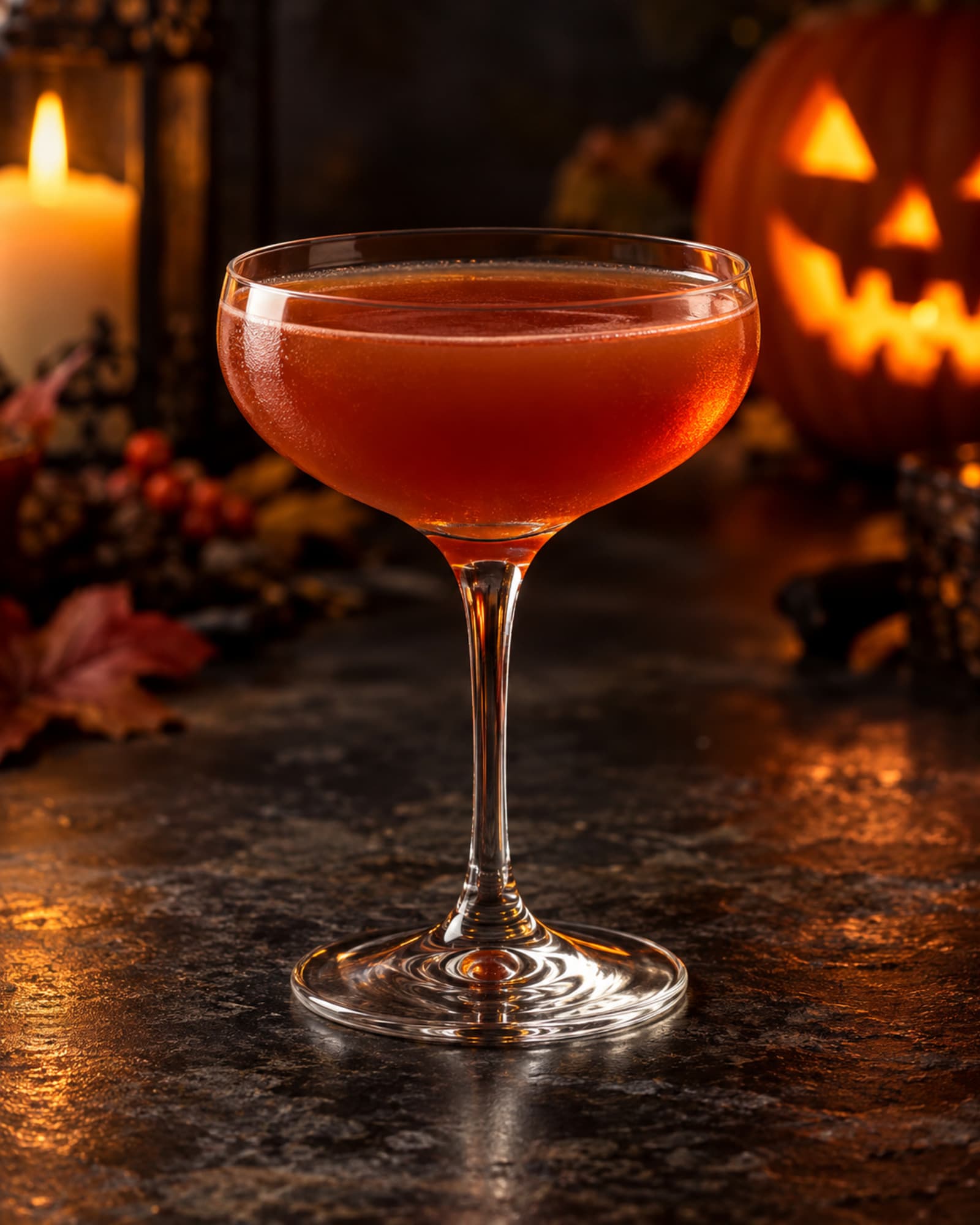 Amber-red Blood and Sand cocktail in a chilled coupe with no ice.