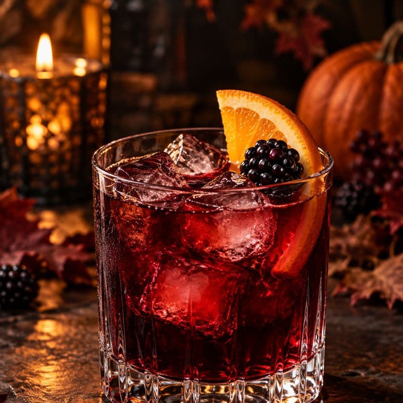 Ruby red Blood Rising cocktail with an orange slice and blackberry over ice.