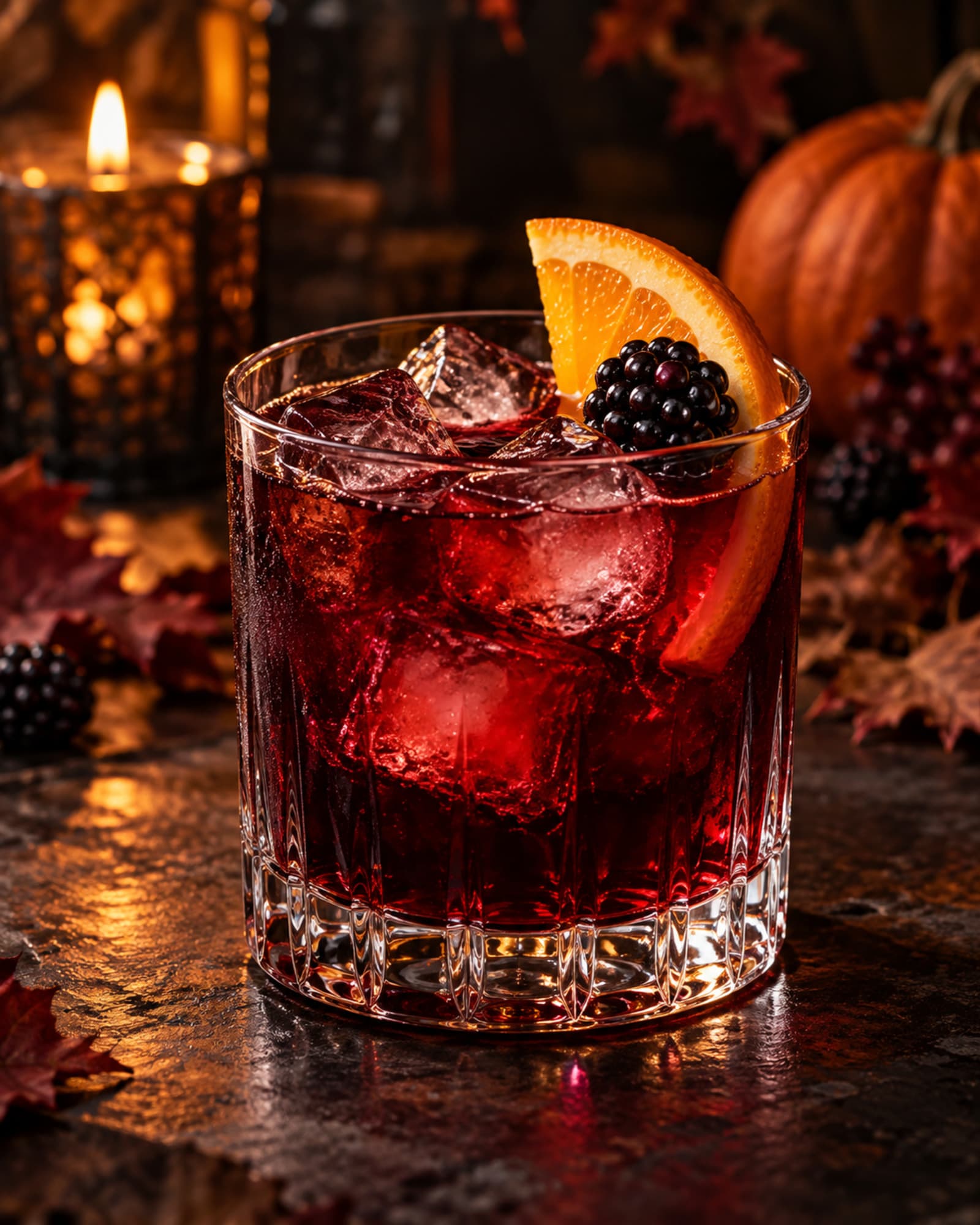 Ruby red Blood Rising cocktail with an orange slice and blackberry over ice.