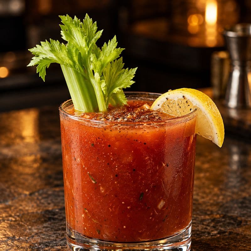 Deep red Bloody Mary in a rocks glass with celery and a lemon wedge.