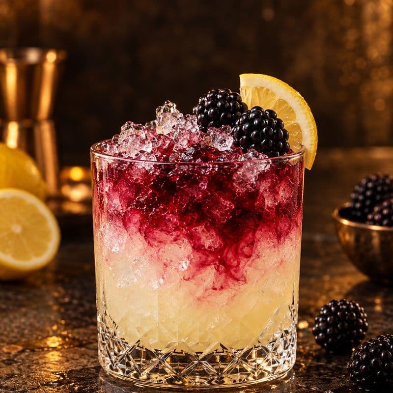 Bramble over crushed ice with blackberry liqueur, lemon and blackberries.