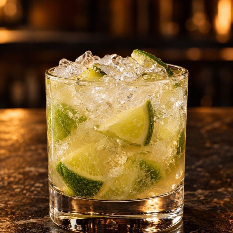 Caipirinha with lime wedges and cracked ice in a rocks glass.