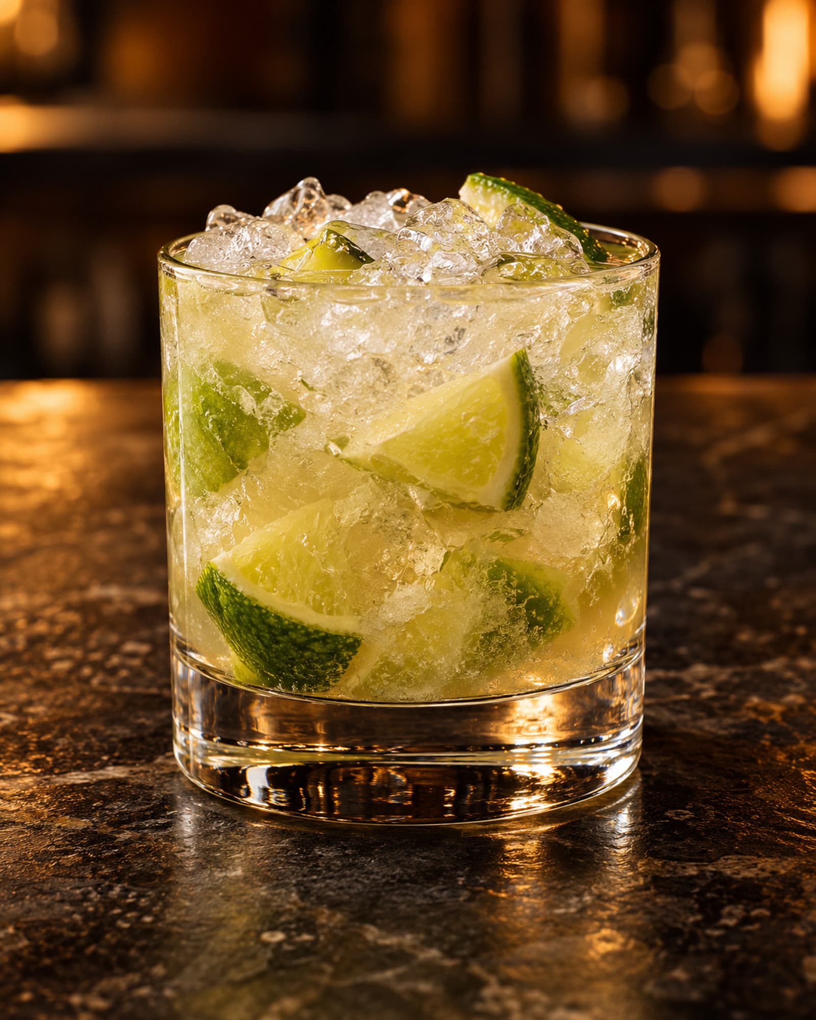 Caipirinha with lime wedges and cracked ice in a rocks glass.