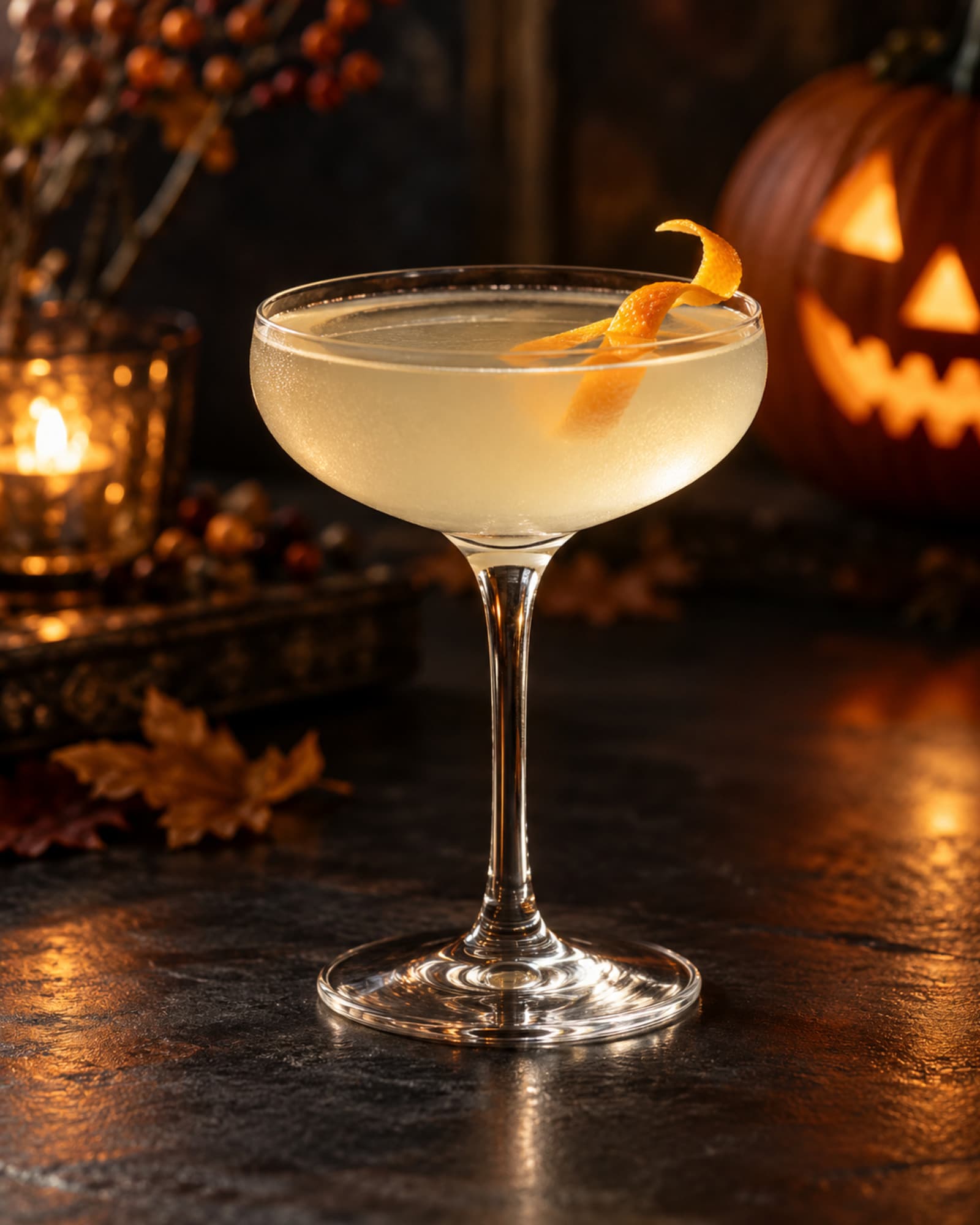 Pale golden Corpse Reviver #2 in a chilled coupe with orange zest.
