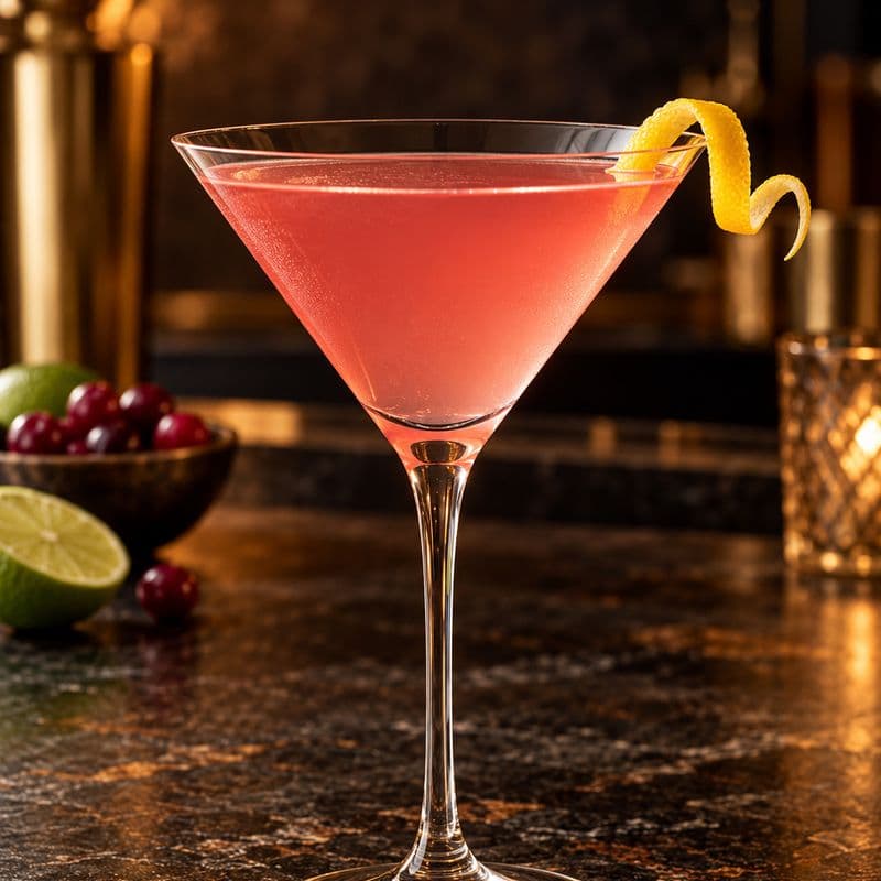 Pink Cosmopolitan in a stemmed cocktail glass with a lemon twist.
