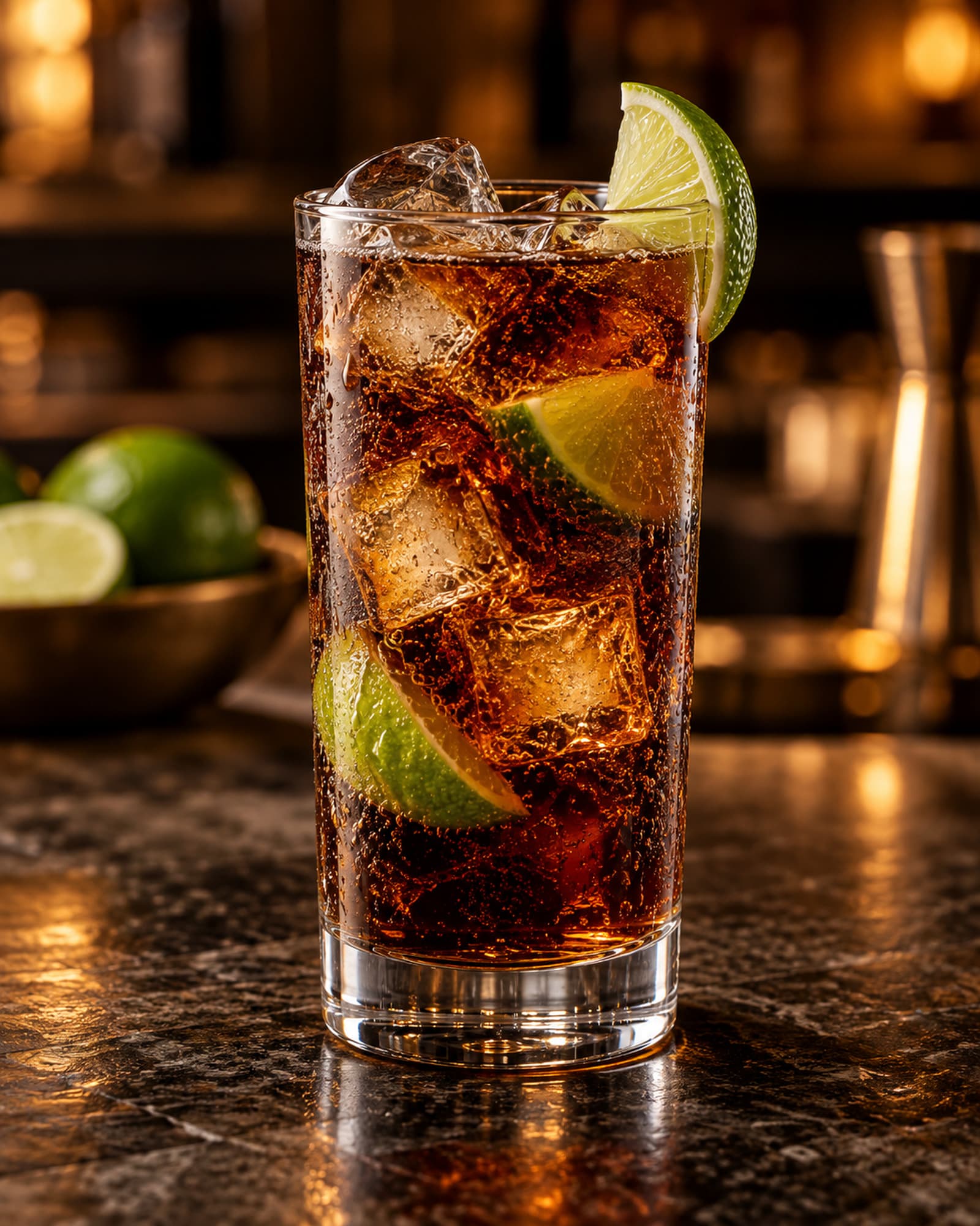 Dark Cuba Libre over ice in a highball glass with lime wedges.