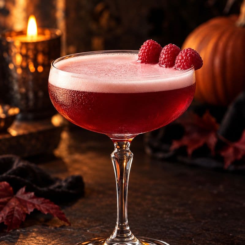 Deep red Devil’s Blood whiskey sour with a pale foam cap and raspberries in a coupe.