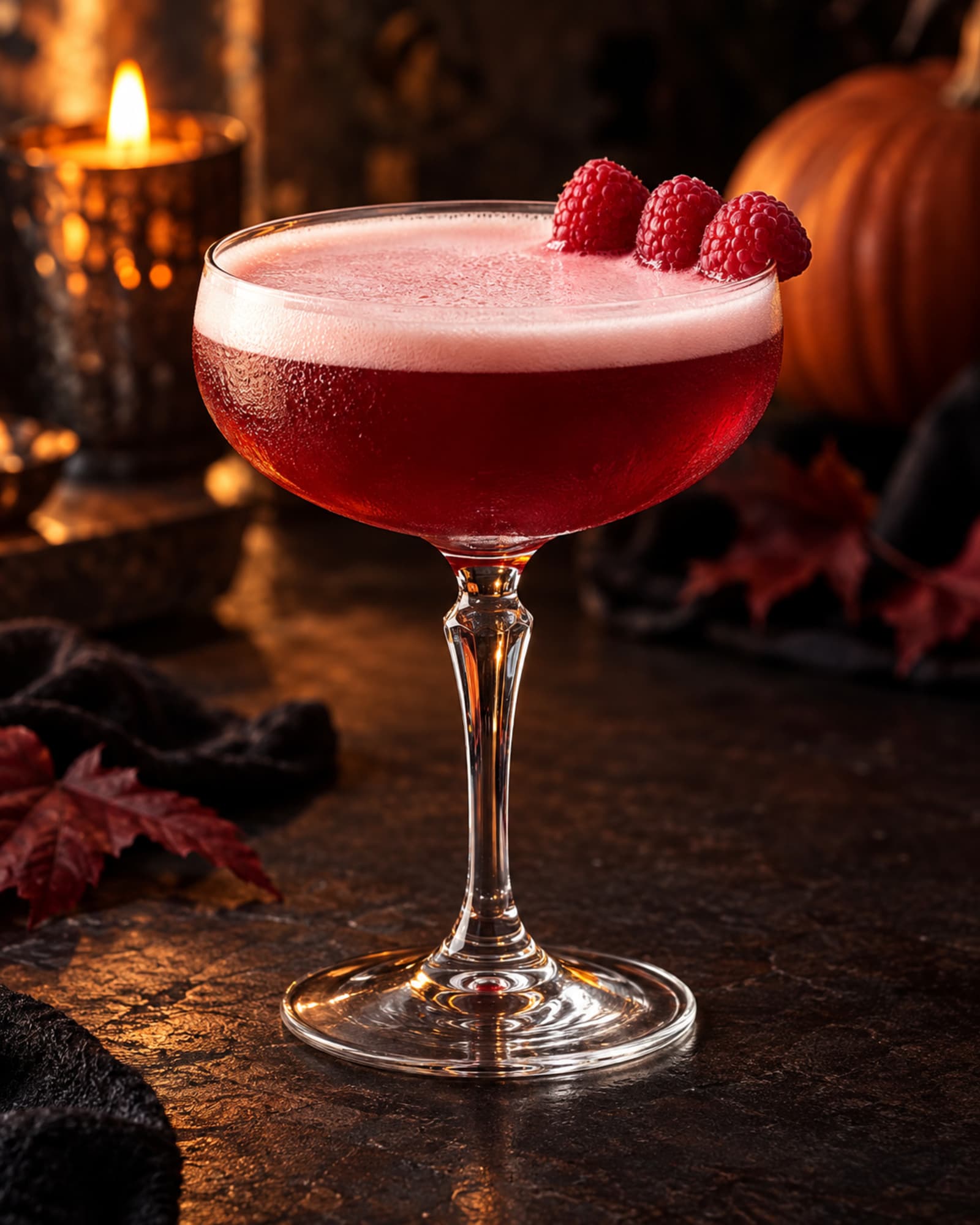 Deep red Devil’s Blood whiskey sour with a pale foam cap and raspberries in a coupe.