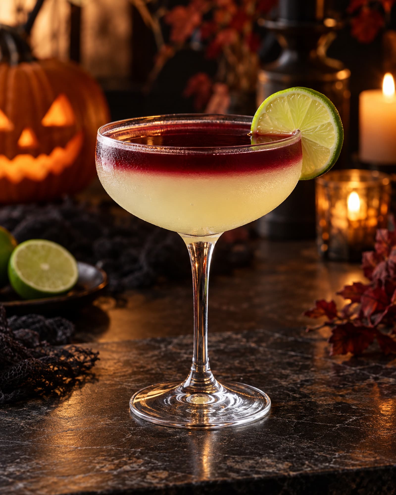 Pale lime Margarita in a coupe with a deep red wine layer and lime wheel.