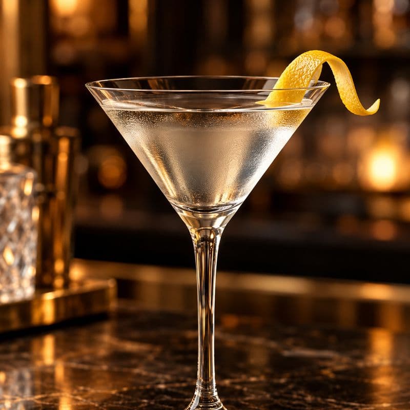 Clear Dry Martini in a V-shaped glass with a lemon twist.