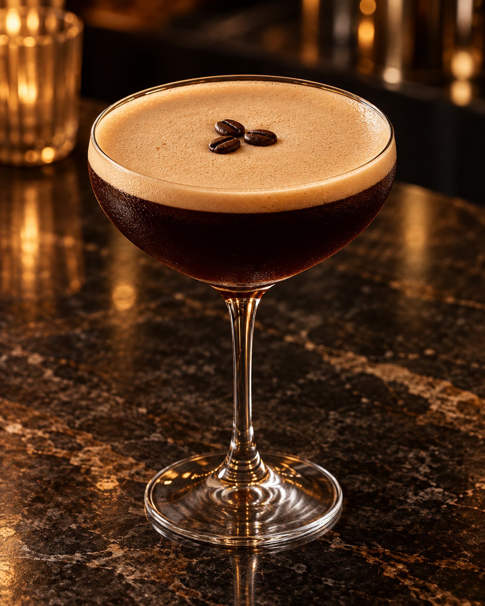 Dark Espresso Martini with tan foam and three coffee beans in a stemmed glass.