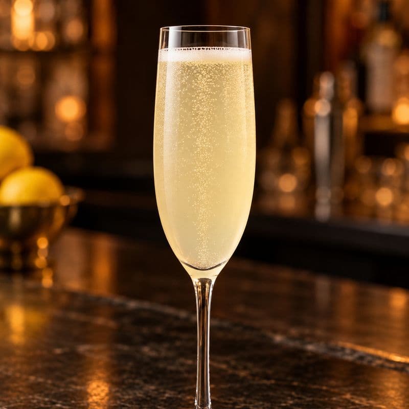 Pale sparkling French 75 in a tall Champagne flute.