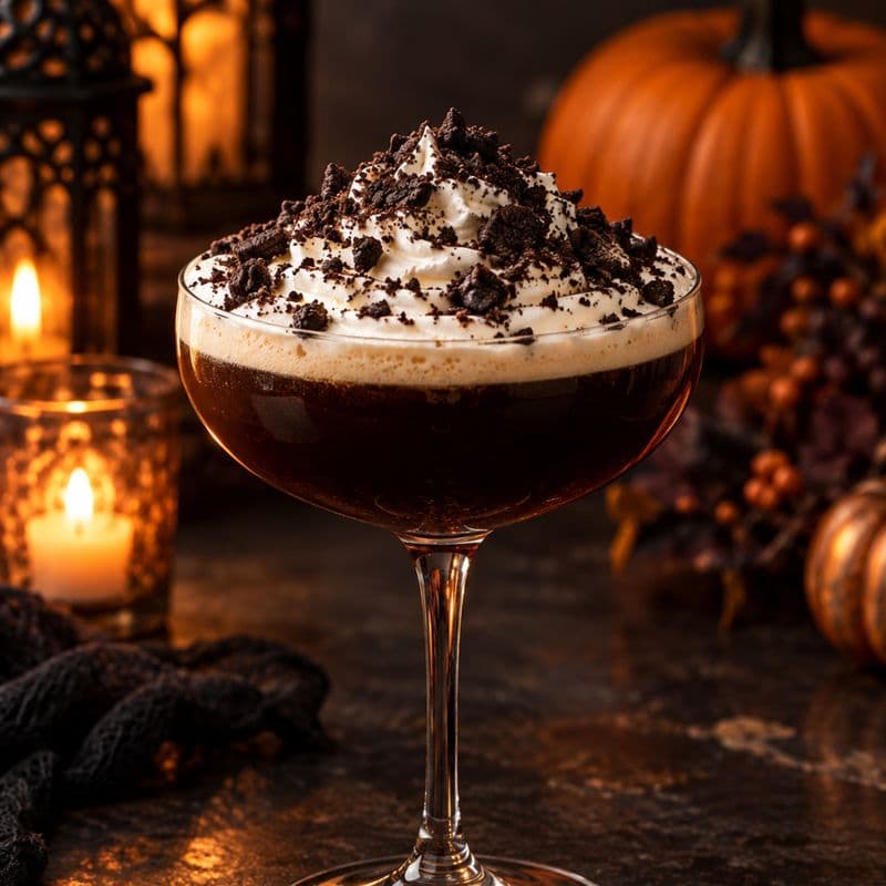 Dark coffee cocktail in a coupe topped with whipped cream and dark cookie crumbs.