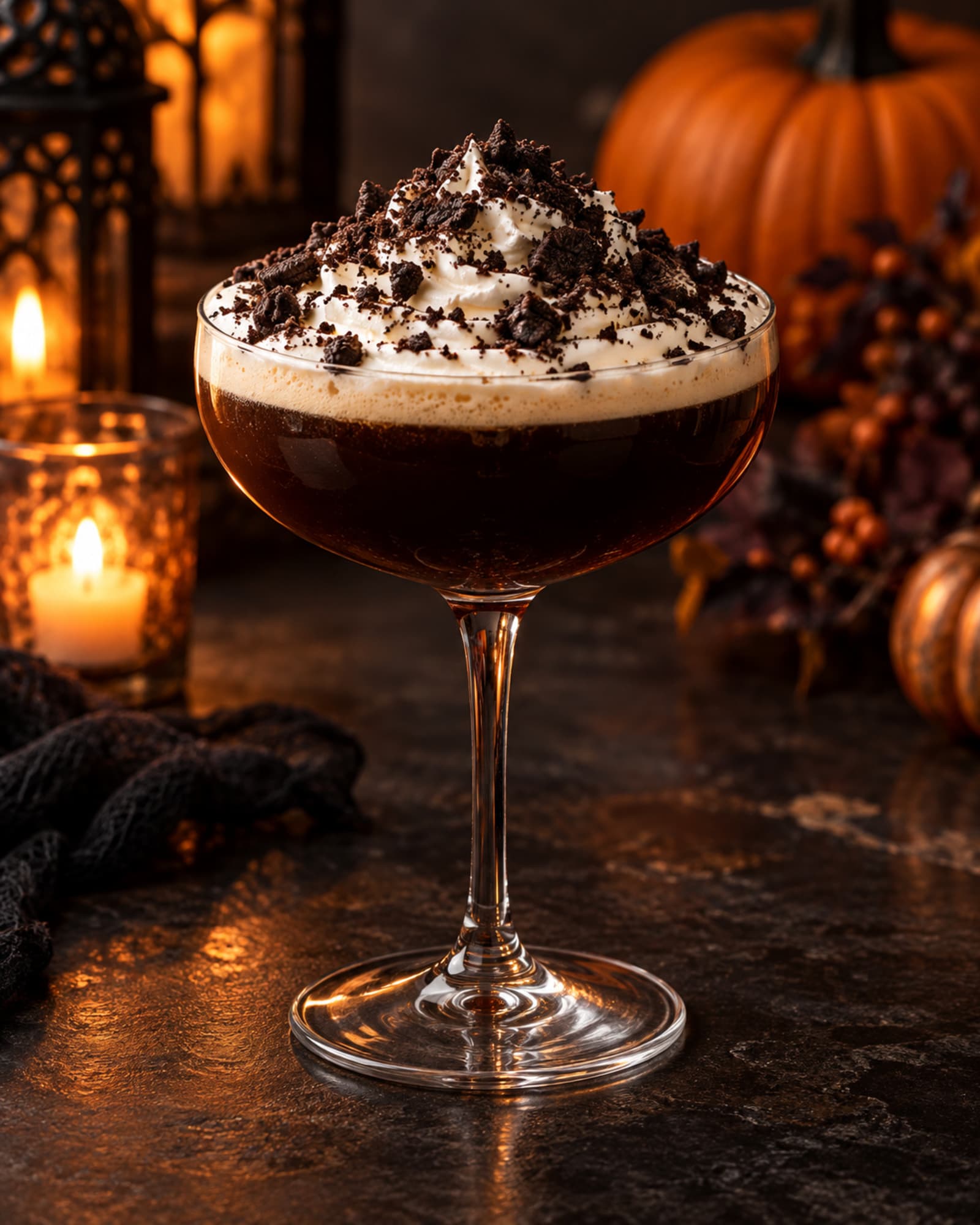 Dark coffee cocktail in a coupe topped with whipped cream and dark cookie crumbs.