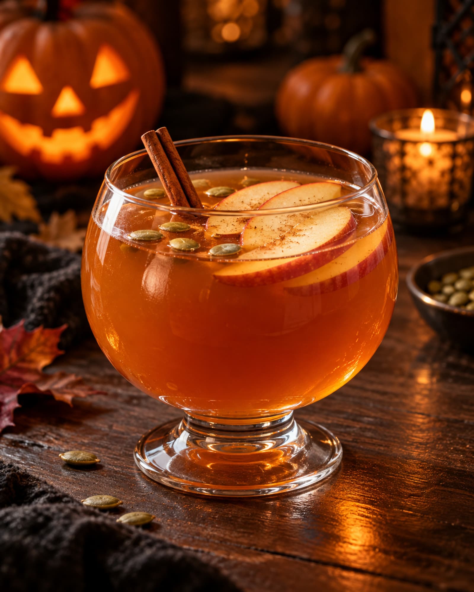 Amber apple and rum Jack-o’-Lantern Punch in a rounded glass with cinnamon, apple and pumpkin seeds.