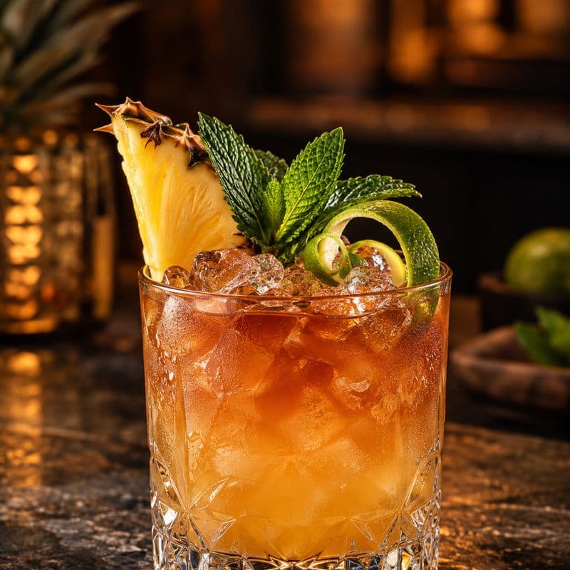 Amber Mai Tai over ice with pineapple, mint and lime peel.