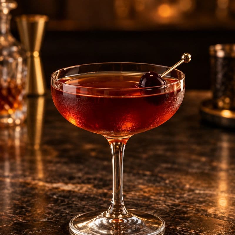 Amber Manhattan in a stemmed coupe with a cocktail cherry.