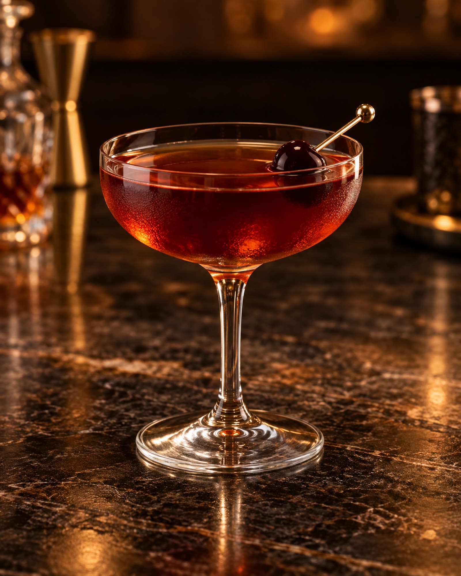 Amber Manhattan in a stemmed coupe with a cocktail cherry.