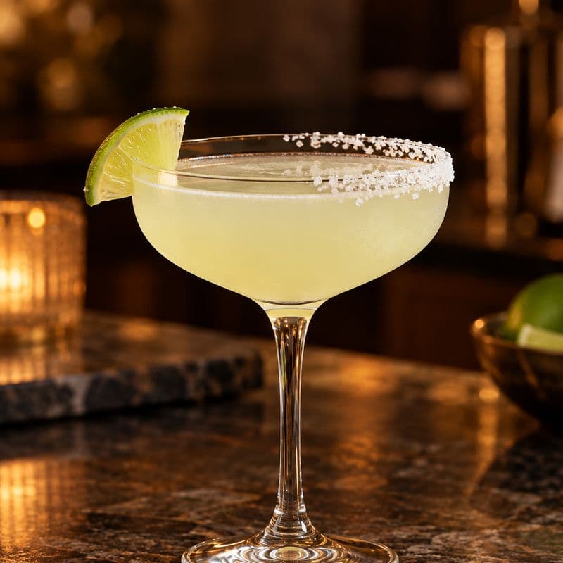 Pale Margarita in a stemmed coupe with a half-salted rim and a lime wedge.