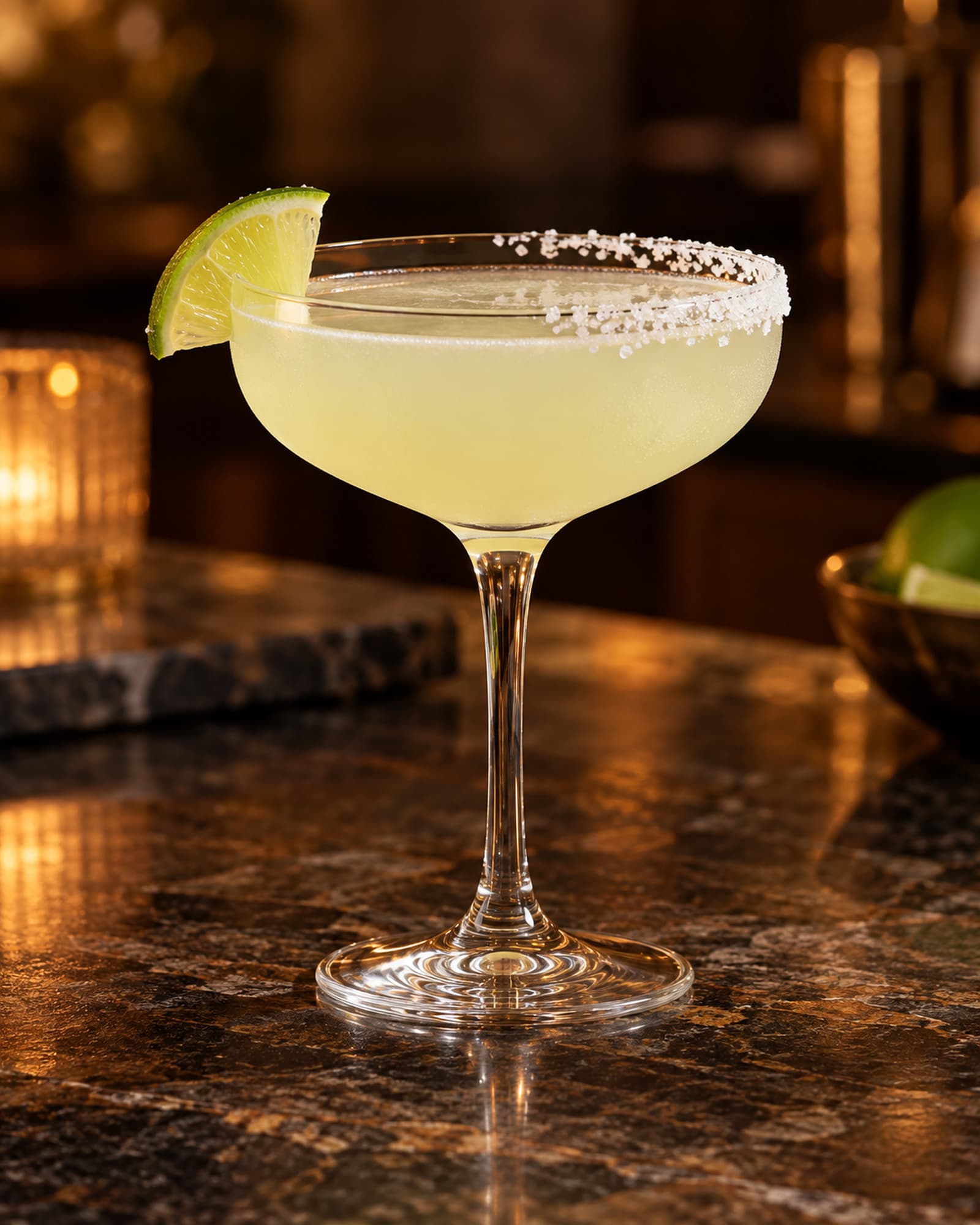 Pale Margarita in a stemmed coupe with a half-salted rim and a lime wedge.