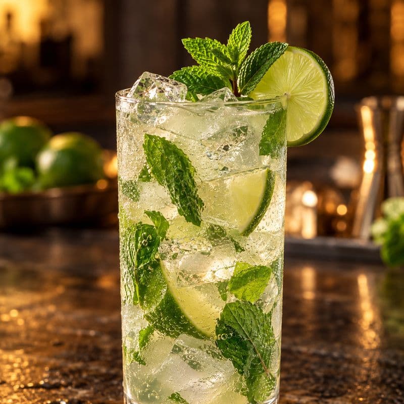 Tall Mojito over cubed ice with fresh mint and a lime slice.