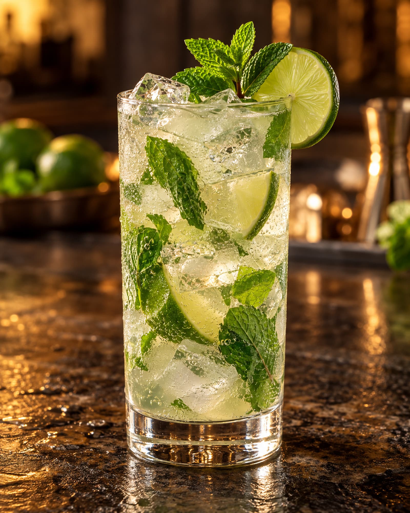 Tall Mojito over cubed ice with fresh mint and a lime slice.
