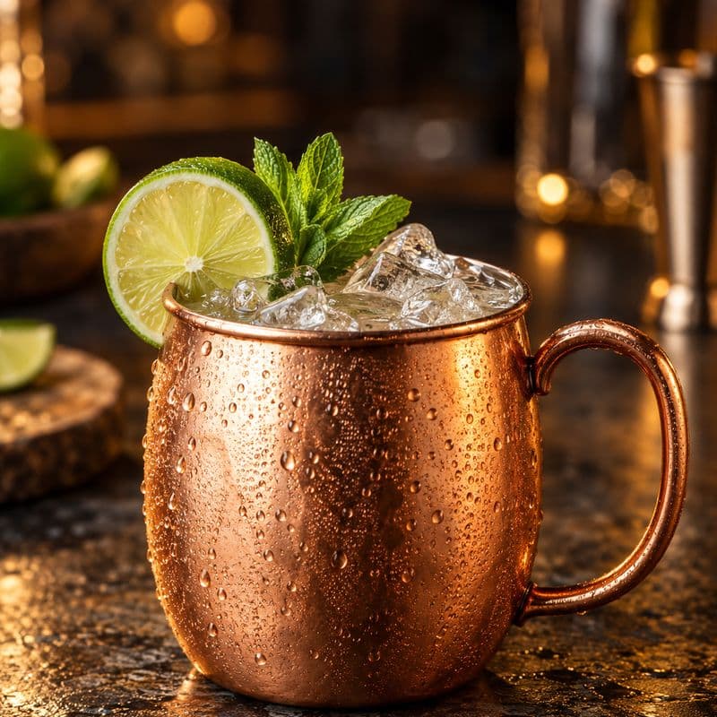 Moscow Mule in a copper mug with ice and a lime slice.