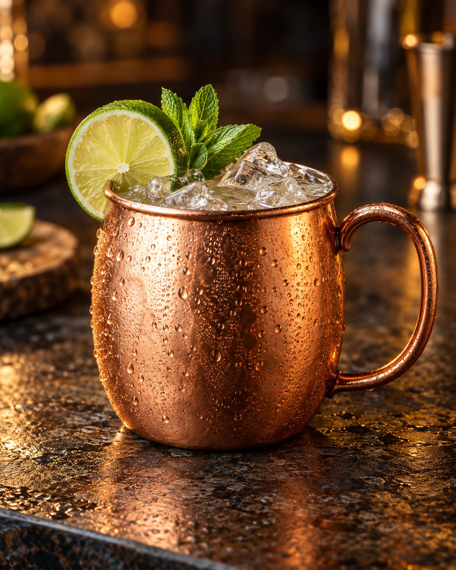 Moscow Mule in a copper mug with ice and a lime slice.