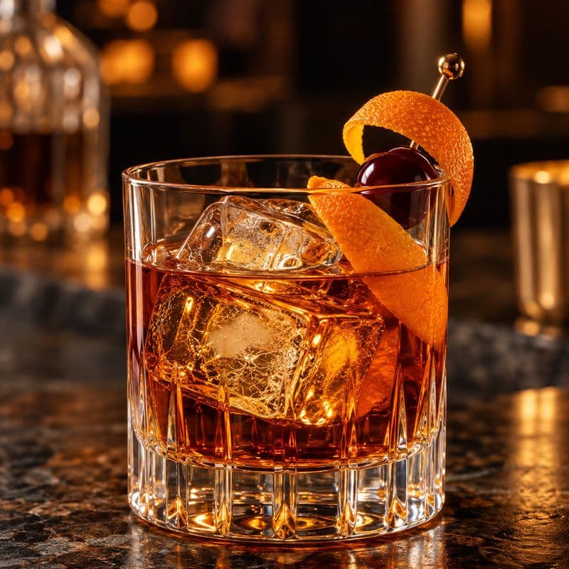 Amber Old Fashioned over ice in a rocks glass with orange zest and a cocktail cherry.