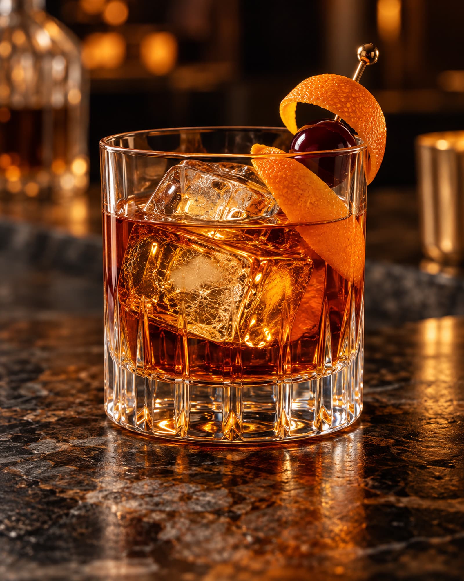 Amber Old Fashioned over ice in a rocks glass with orange zest and a cocktail cherry.