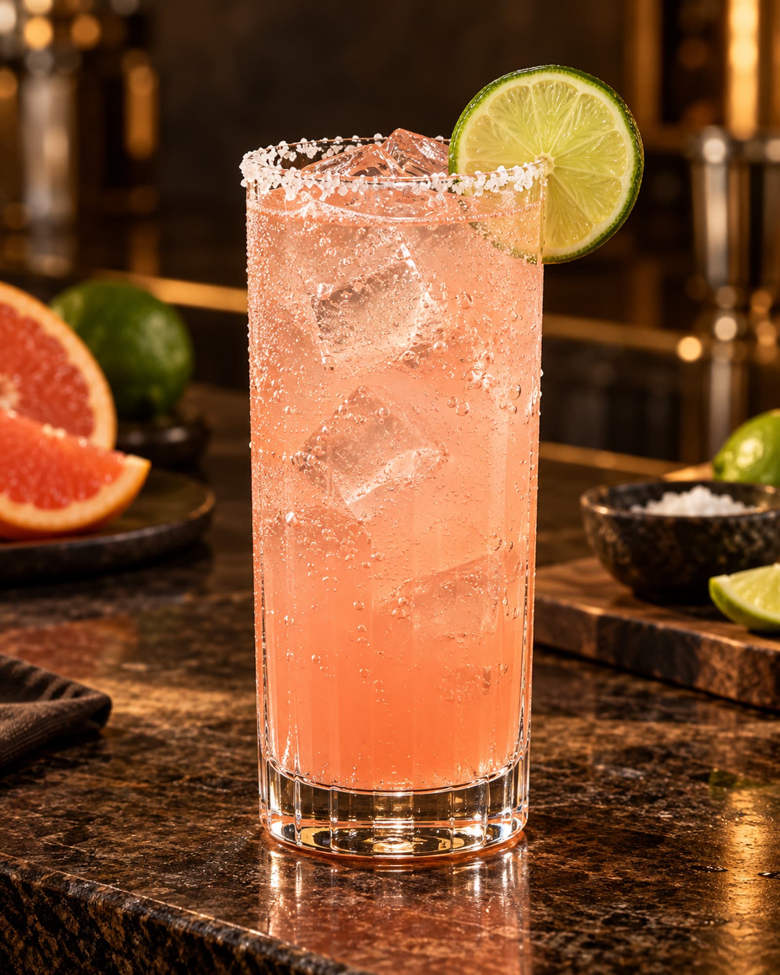 Pale pink Paloma over ice in a highball glass with lime.
