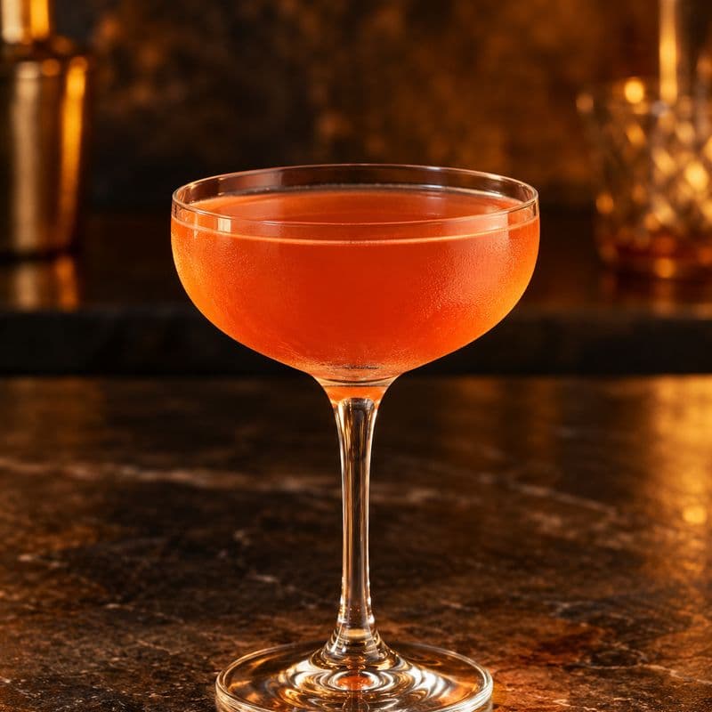 Orange-pink Paper Plane cocktail served up in a stemmed coupe.