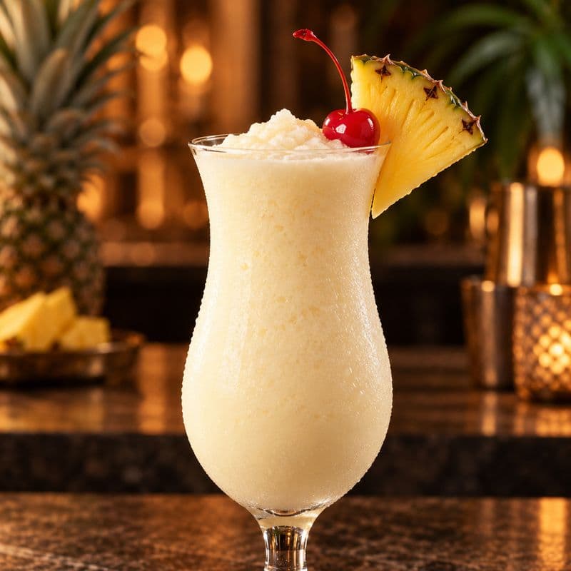 Creamy Piña Colada in a hurricane glass with pineapple and a cherry.