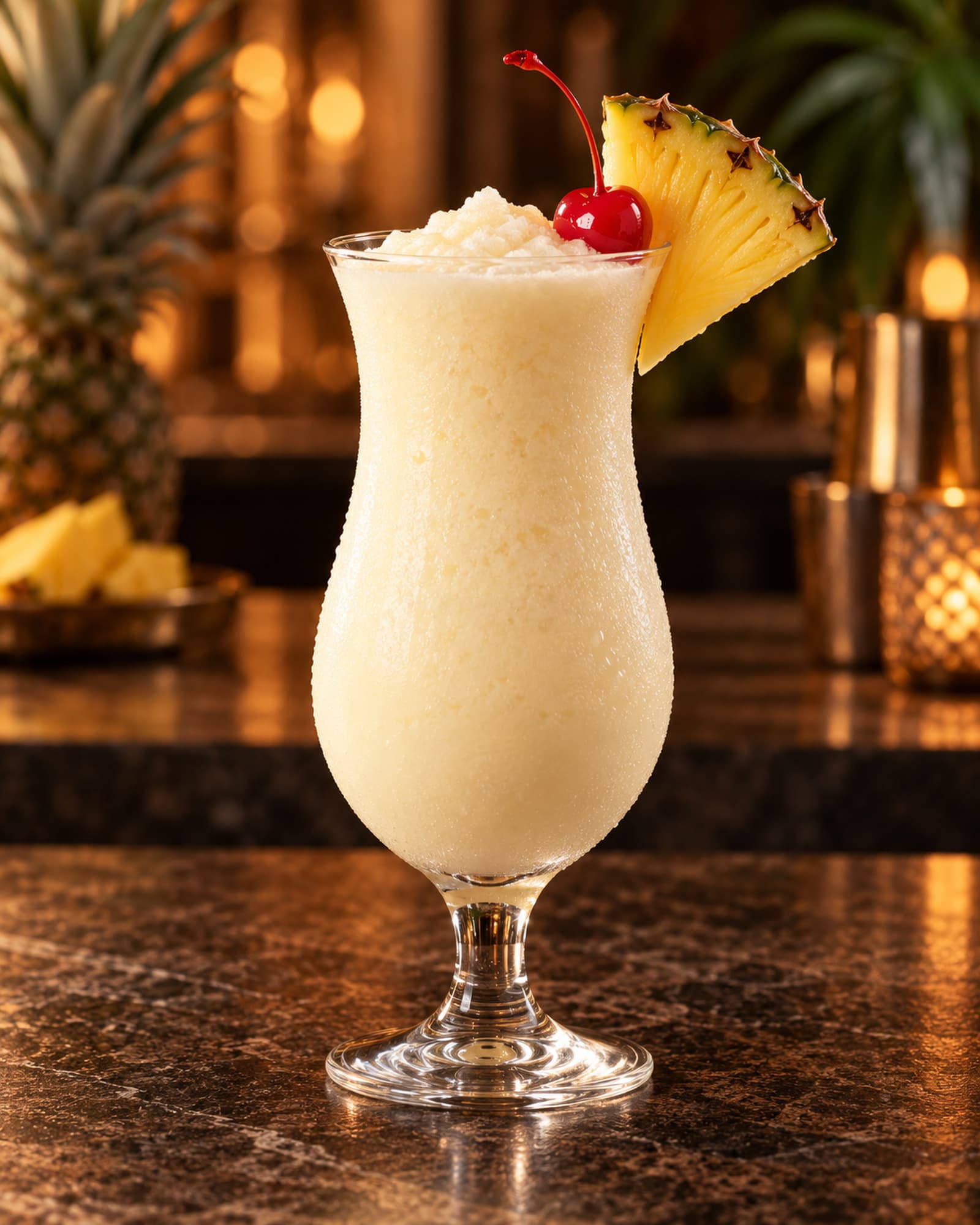 Creamy Piña Colada in a hurricane glass with pineapple and a cherry.