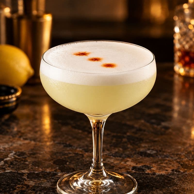Pisco Sour in a stemmed glass with white foam and three bitters drops.