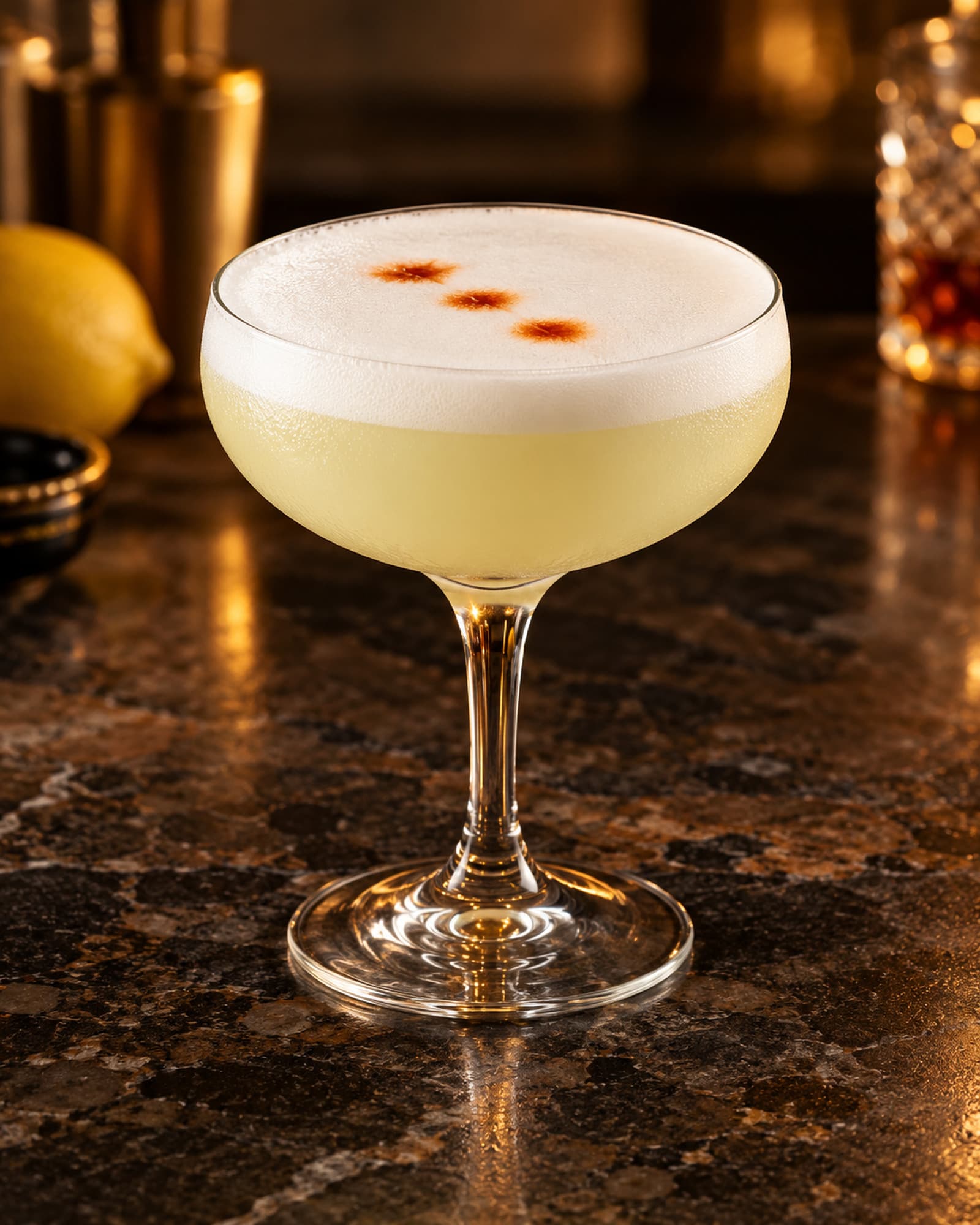 Pisco Sour in a stemmed glass with white foam and three bitters drops.