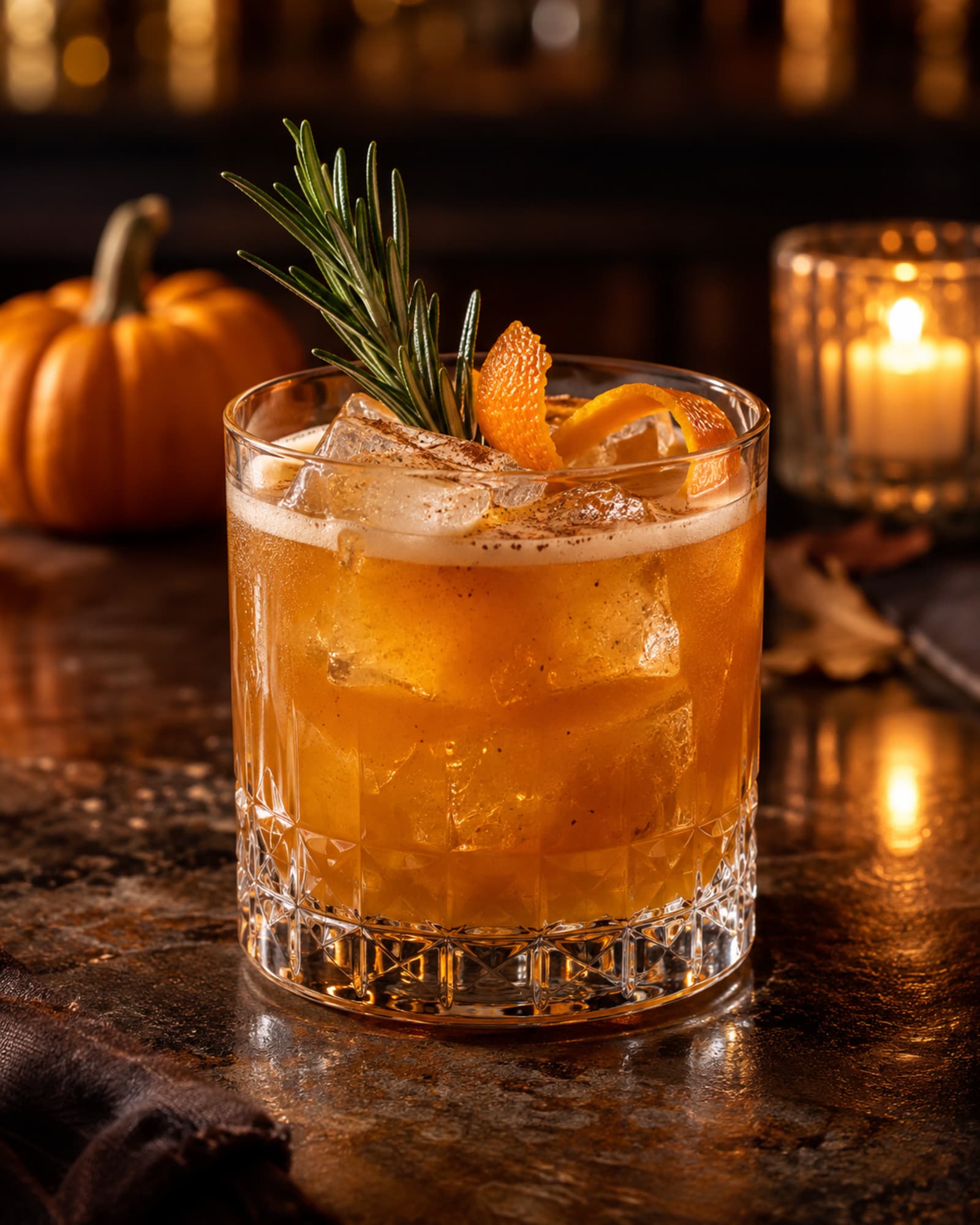 Amber pumpkin whiskey sour with rosemary and orange zest over ice in a rocks glass.