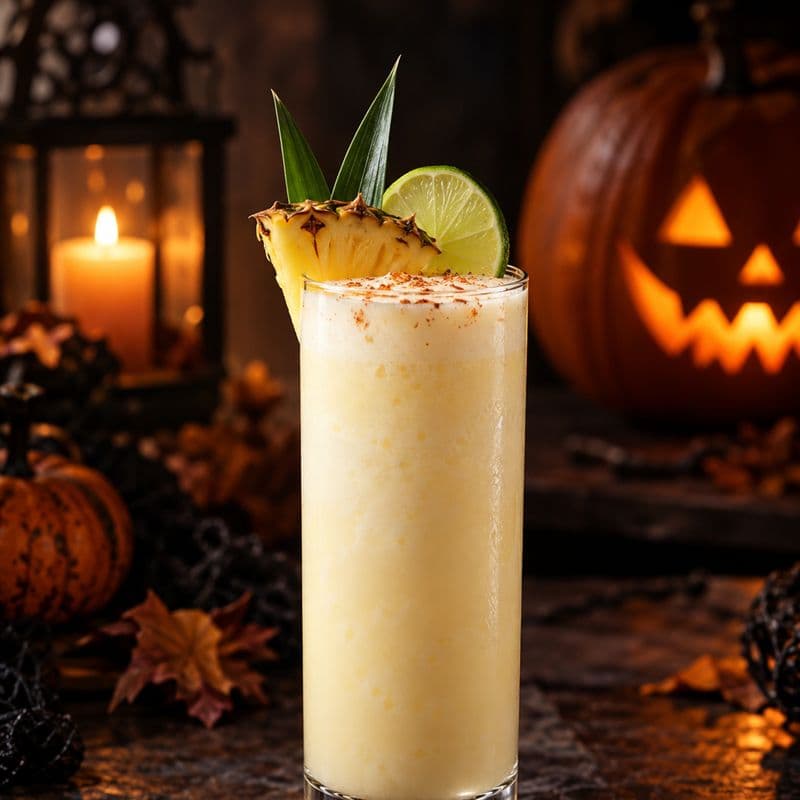 Pale creamy Spooky Colada in a tall glass with pineapple and lime garnish.