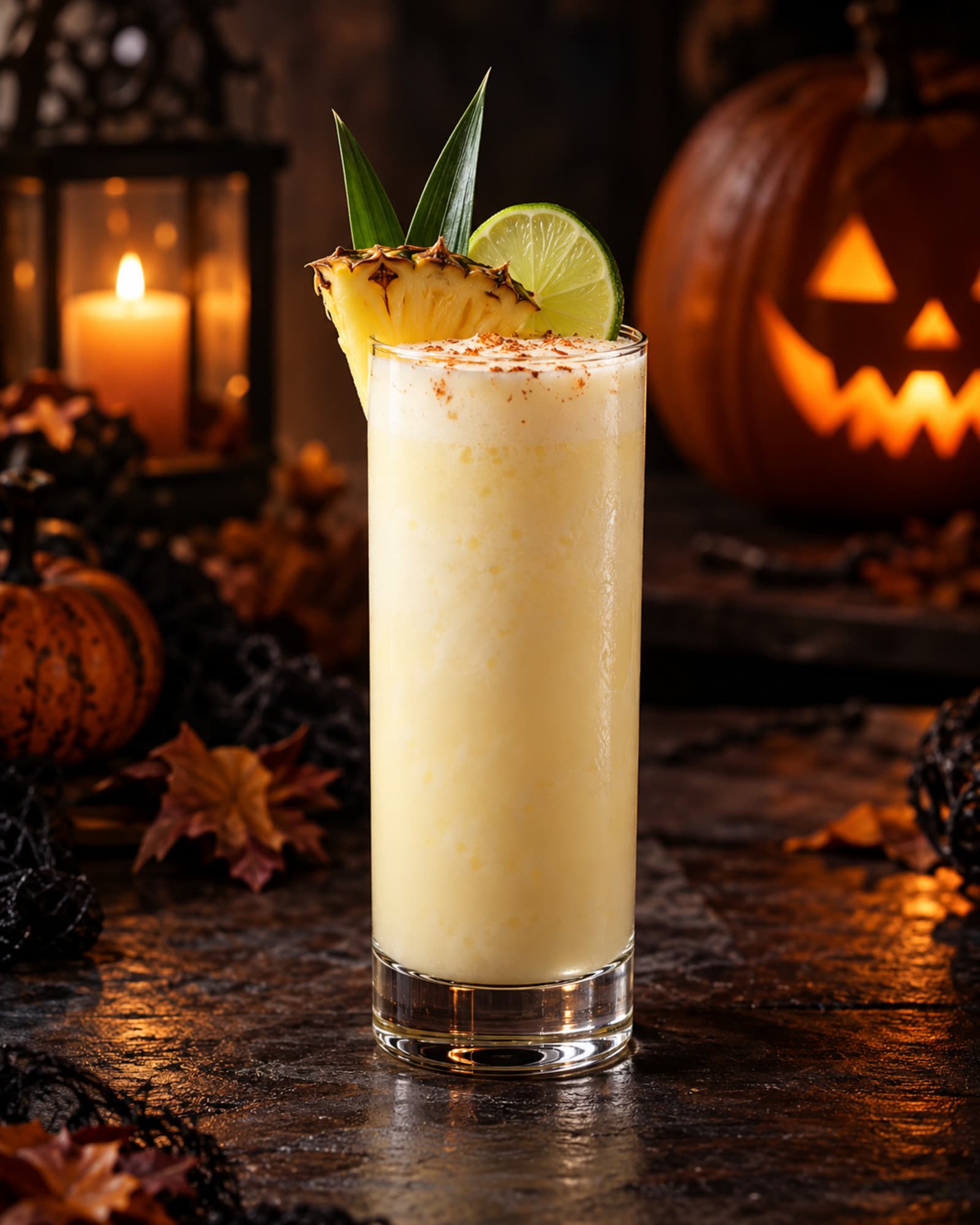 Pale creamy Spooky Colada in a tall glass with pineapple and lime garnish.