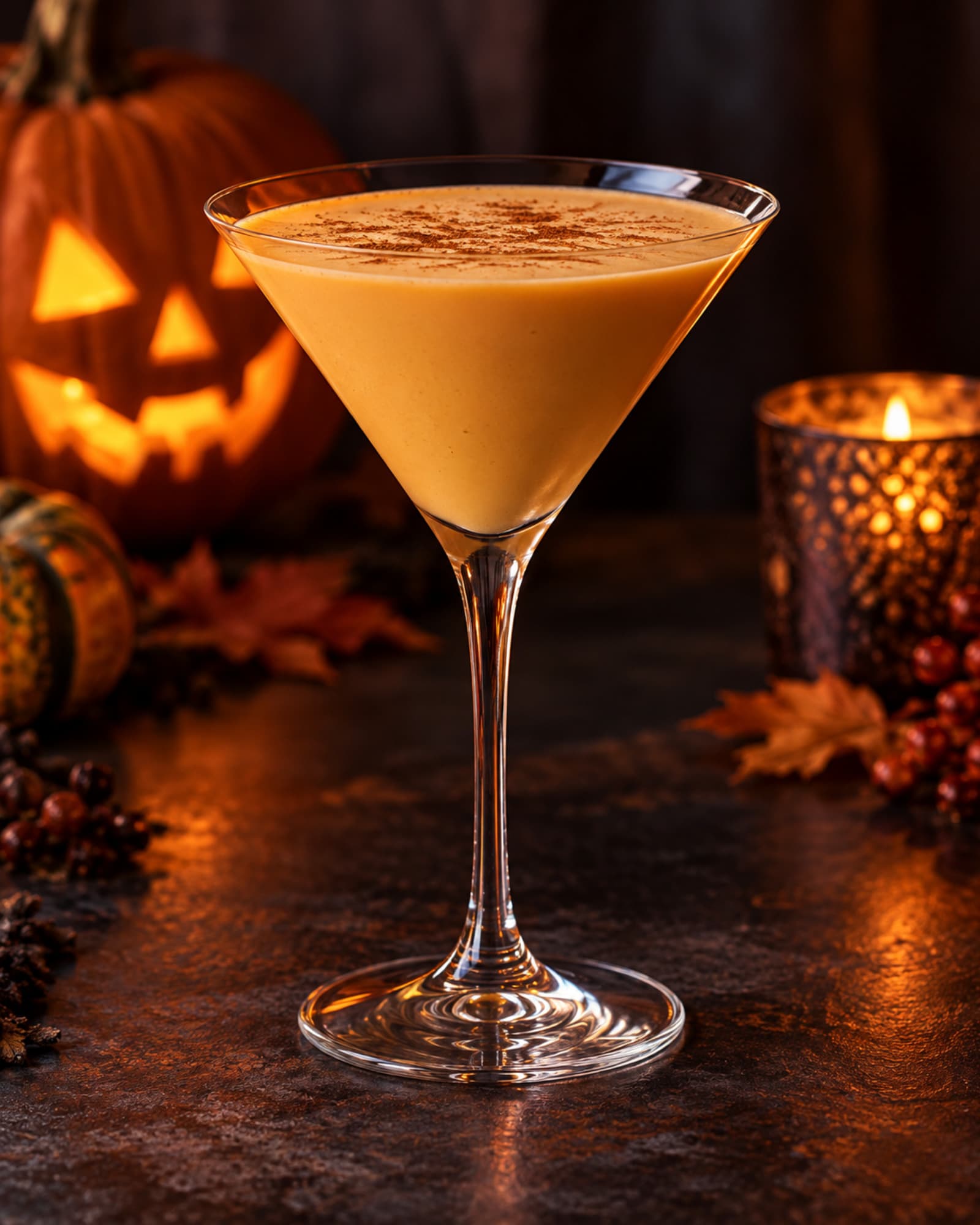 Creamy orange Spooky Pumpkin Martini with cinnamon dust in a chilled martini glass.
