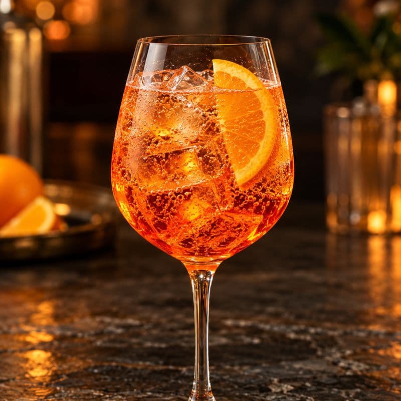 Orange Aperol Spritz over ice in a wine glass with an orange slice.