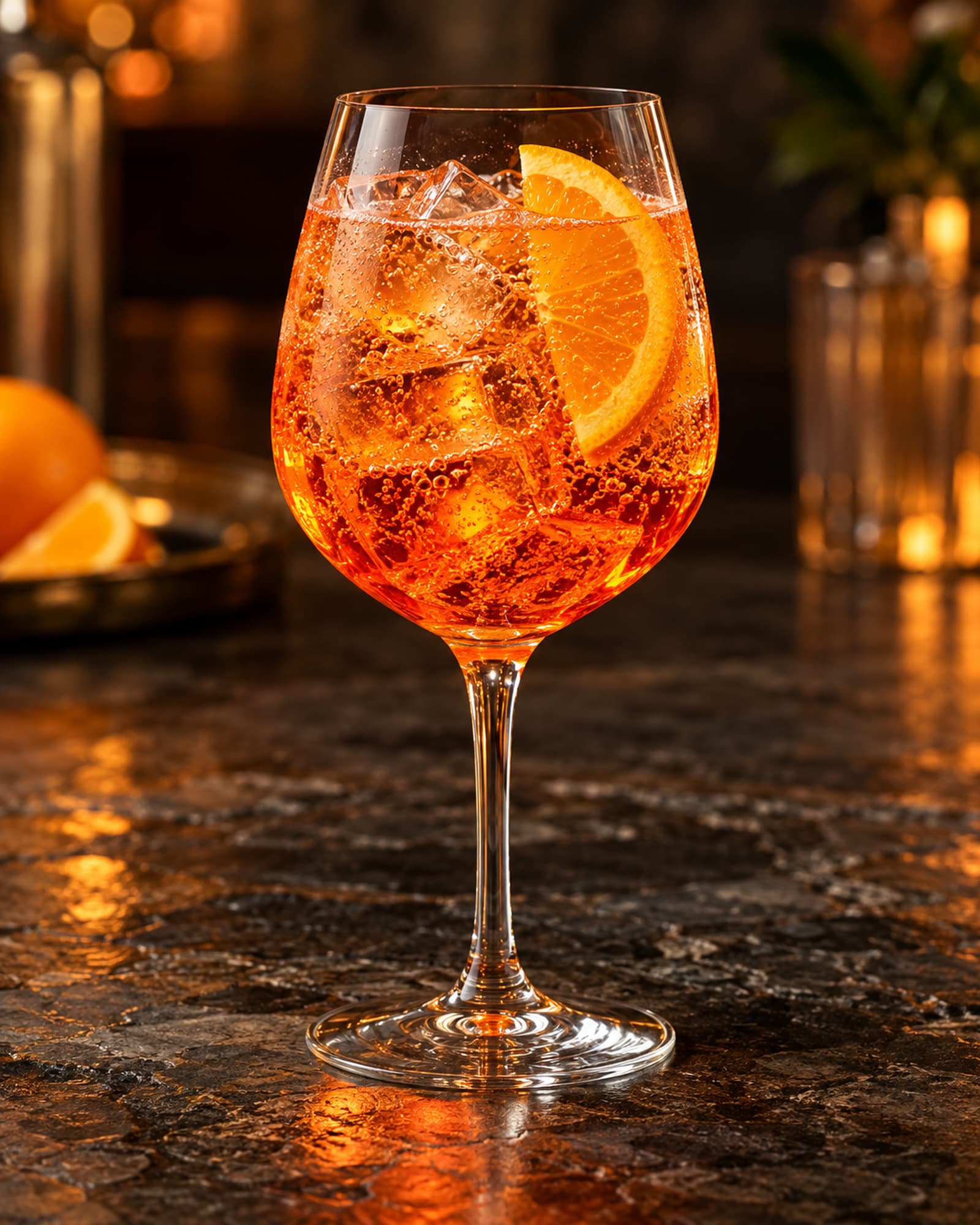 Orange Aperol Spritz over ice in a wine glass with an orange slice.