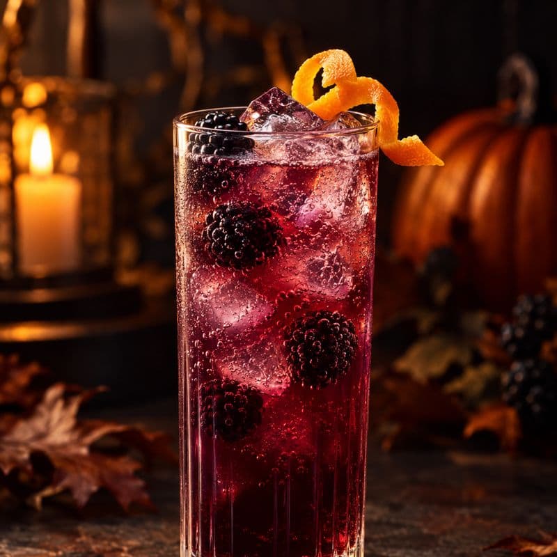 Dark purple-red Apparition highball with ice, bubbles and orange zest.