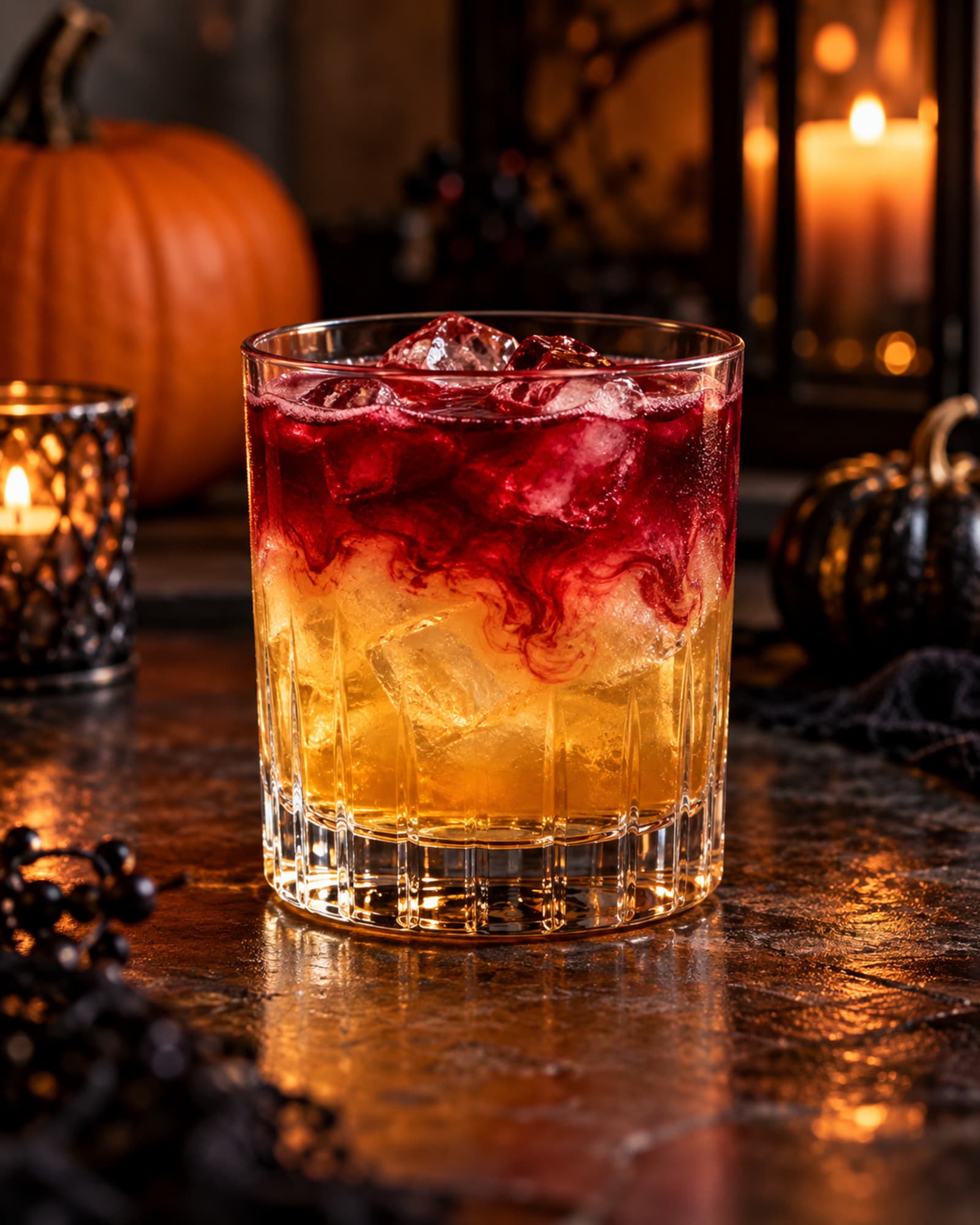 Golden Scotch sour under a beet-red float over ice in a rocks glass.