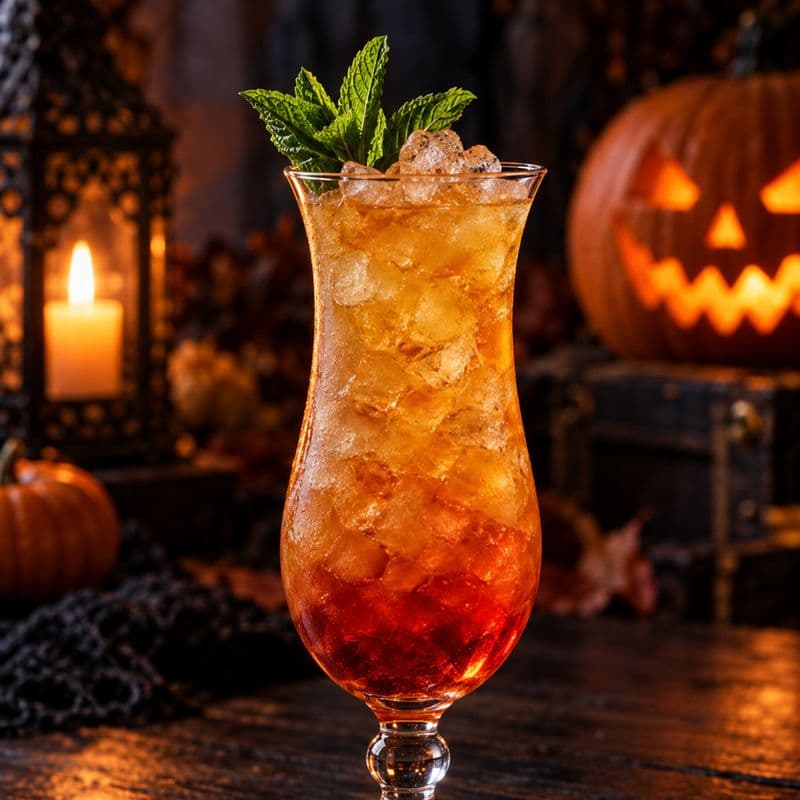 Golden amber Zombie tiki cocktail with crushed ice and mint in a hurricane glass.
