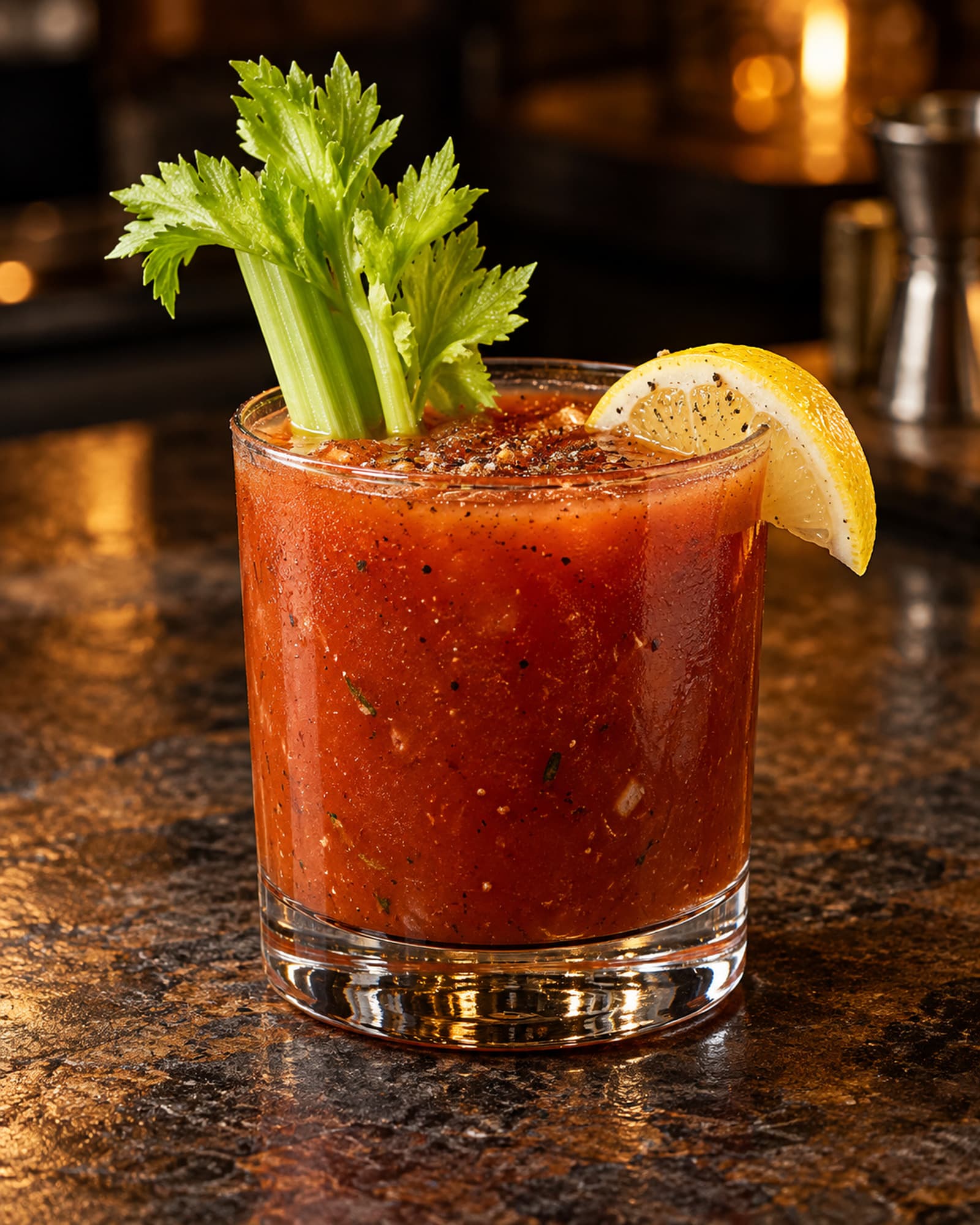 Deep red Bloody Mary in a rocks glass with celery and a lemon wedge.